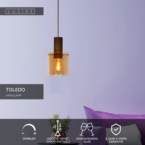 Lucide TOLEDO - Hanglamp - Ø 20 cm - 1xE27 - Amber - USP